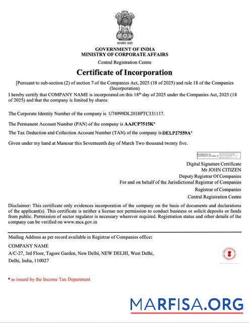 Printable India certificate of incorporation Word and PDF template